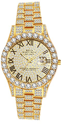 JewelryWe Armbanduhr Herren Damen mit Strass Römische Zahlen Zifferblatt Metallarmband, Quarz Analog Uhr Muttertag Gold Silber