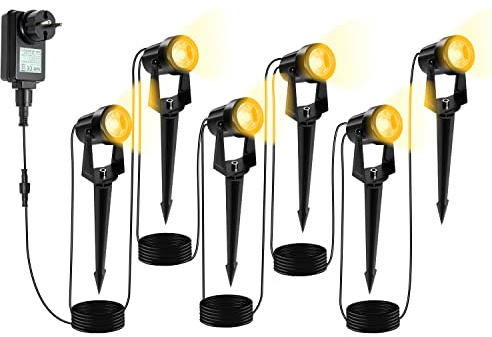 Herrselsam LED Gartenbeleuchtung mit Erdspieß, 6er Set Gartenleuchte Warmweiß, IP65 Wasserdicht, LED Gartenstrahler mit Stecker, Gartenlampe Außenbeleuchtung für Außen Garten Rasen