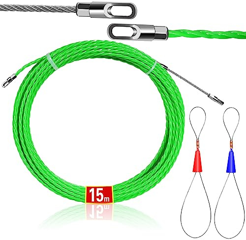 15m 50 Fuß Kabeleinziehhilfe mit 2 Führungsfeder, Zugdraht für Leerrohre, Kabeleinzugshilfe Einziehspirale, 4.5 mm PET -Elektrokabelabzieher für Kommunikationskabel, Wand, Bodenkanal