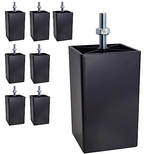SKIR'CO 8 Stück, Schwarze Möbelbeine aus Kunststoff, Höhe 10 cm, quadratische Möbelfüße 60 x 60 mm, M8 Gewinde, Muttern im Lieferumfang enthalten