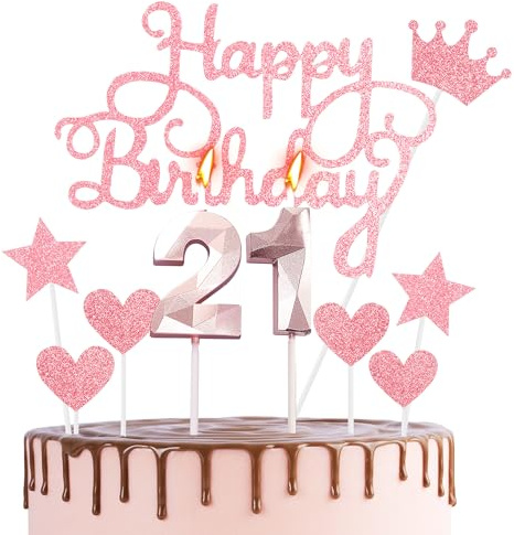Rose Gold 21st Birthday Cake Topper & Candles - Pink Party Decorations for Girls' Cupcakes