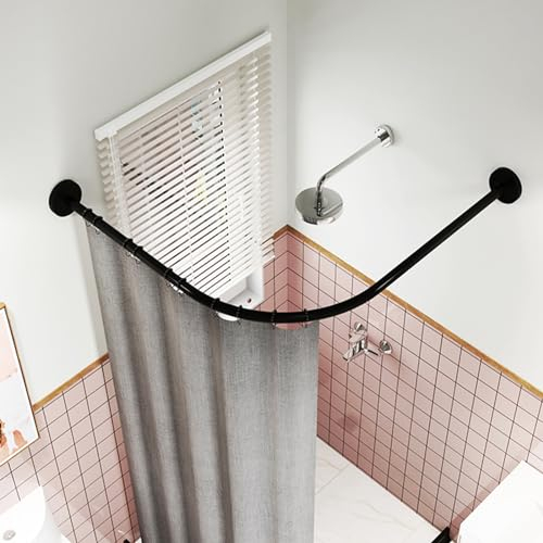 Viertelkreis Duschvorhangstange,Edelstahl matt, Eckdusche gebogen, Duschstange,L Form Duschstange, Winkel-Duschenstange, geschliffen gebürstet(Size:A 70-95m x 70-95cm,Color:Schwarz)