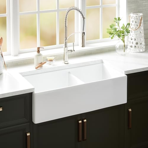 Signature Hardware 953910-36D Rowena 36 Farmhouse 60/40 Double Basin Fireclay Kitchen Sink - White