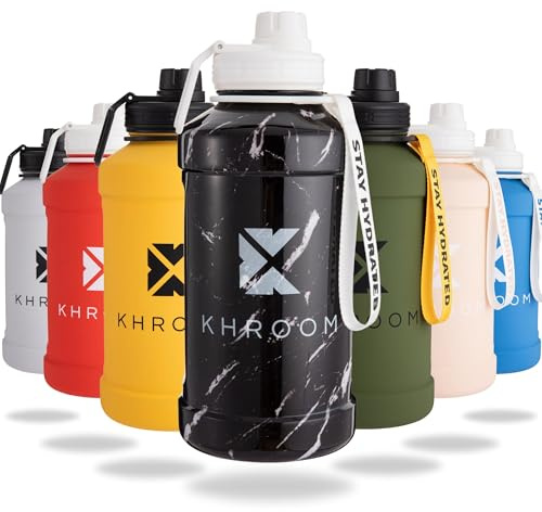 Khroom Edelstahl Trinkflasche 1,3L & 2,2L – Kohlensäure geeignet, auslaufsicher, spülmaschinenfest, einwandig, BPA-frei | Metall Outdoorflasche | 1 Liter Wasserflasche | Sportflasche Marmor