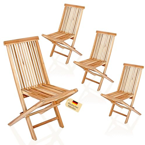 Loreno Gartenstuhl Menorca 4er Set aus Teakholz Klappbar Pflegeleicht | Hochlehner, Robuste Gartenstühle, Gartenmöbel Set, Ideal für Garten und Balkon