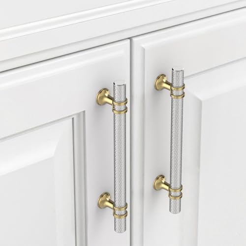 9BUILD 10 Pack Gold Brushed Satin Nickel Cabinet Pulls - 128MM Hole Center Kitchen Cupboard Handles - Knurled Cabinet Handles for Cupboard and Drawer - UK0049