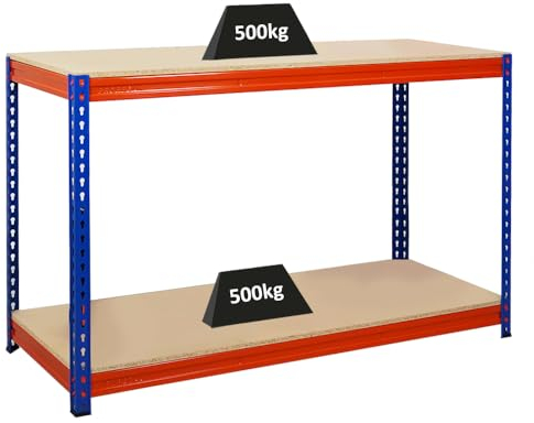 PROREGAL Profi Werkbank Strong Beast, HxBxT 90x150x60cm mit Fachlast 500kg, 2 Ebenen, Blau-Orange, Werktisch Arbeitstisch Steckmontage Packtisch