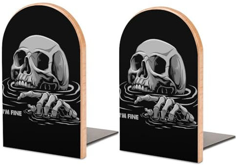 Kleine Buchstütze, robuste Holz-Buchstützen mit Metallbasis, lustiger Totenkopf-Kopf, feine Skelett-Buchstützen für Regale, Zimmer, Schreibtisch, Heimbüro
