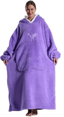 Kawoja Coperta con cappuccio oversize extra lunga, coperta indossabile con maniche e tasche, plaid in pile super caldo e accogliente felpa gigante per donne e uomini, Viola, L/5XL