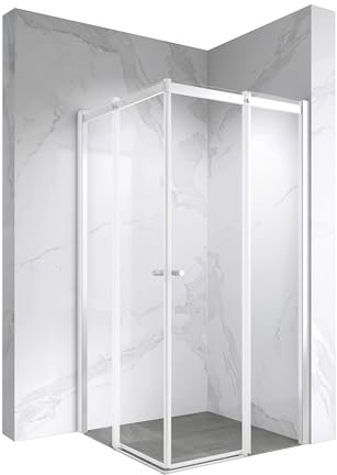 Moments of Glass Duschkabine Kaylee mit Schiebetüren 80x80 cm Höhe 195 cm – Eckduschkabine Weiß, 6 mm durchsichtiges Nano ESG-Sicherheitsglas, hochwertiges Rollsystem, beidseitig montierbar