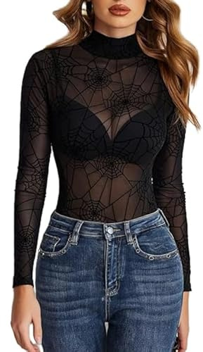 Avidlove Body da donna sexy, elegante, in tessuto mesh, a maniche lunghe, con scollo a punta, modellante, con scollo a rollò, per rave, festival, party, club, S
