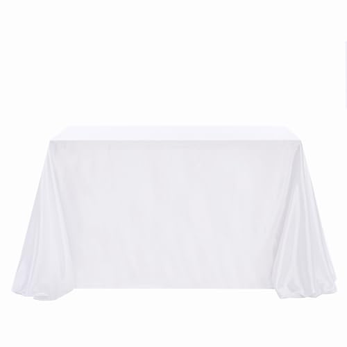 BrillShine Rechteckige Tischdecke aus Satin 228 x 228 cm DIY wasserabweisende Tischdecke Kommt mit Schleife und Perlen Waschbar für Geburtstag Hochzeit Garten Outdoor Party Weiß