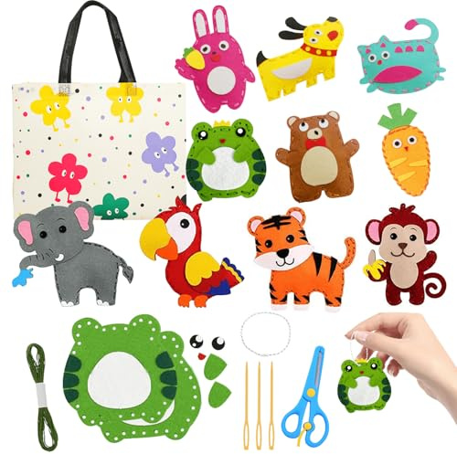 Xerteam 10 Stück Nähset Kinder, DIY Nähset Bastelset Kinder ab 6 Jahre, Tierformen Filz Animals DIY Kit Plush Craft, Handwerker Set mit Komplettes Zubehörset, für Mädchen Jungen