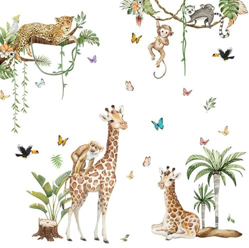 milaosk Wandtattoo Waldtiere Wandsticker Dschungel Leopard Giraffe Monkey Vine Baum Schmetterling Wandbilder Selbstklebende Wandaufkleber Kinderzimmer Schlafzimmer Wohnzimmer Babyzimmer Dekoration
