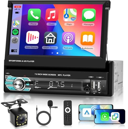 Autoradio 1 Din con Schermo Flip Out 7 Pollici Touch Screen con Wireless Carplay Android Auto, Hodozzy Autoradio Bluetooth 1 Din Lettore MP5 Stereo Auto con Mirror Link FM DSP TF/USB/AUX+ Telecamera