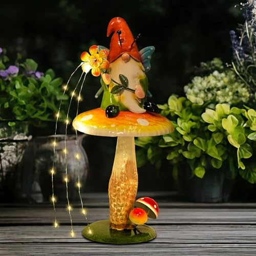 HONGLAND Figurine de nain de jardin solaire, décoration champignon imperméable avec lumières solaires d'extérieur pour cour, terrasse, pelouse, cadeau idéal pour maman, grand-mère, femme, cadeau de