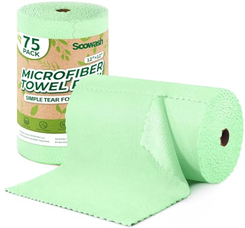 SOOWASH Mikrofaser Reinigungstücher, 75 Stück pro Rolle Abreißbare Putztücher, 30x30cm Wiederverwendbare Fusselfreie Lappen(Grun)