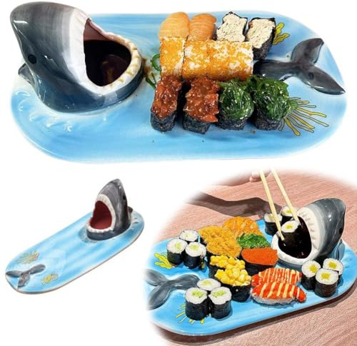 Blue Ceramic Shark Plate,Shark Sushi Plate,Creative Shark Shaped Serving Platter,Food Serving Tray with Dipping Sauce Bowl,Gifts for Shark Party Lovers,Microwave/Oven/Dishwasher Safe Sushi Dishes