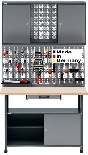Set da officina 3 in 1, per officina, banco da lavoro, 120 cm, con 12 ganci standard in metallo, grigio chiaro antracite