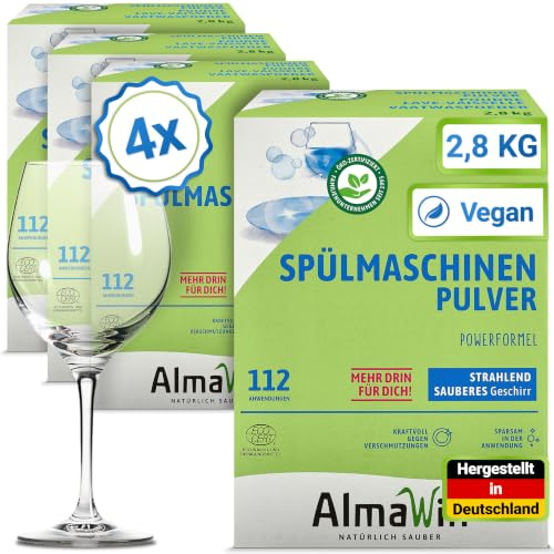 AlmaWin® Spülmaschinen Pulver mit Powerformel für strahlend sauberes Geschirr [4x 2,8kg - 448 Anwendungen] - Kraftvolles Geschirrspülmittel Pulver - Ohne Phosphate, Öko & VEGAN, Dishwasher Powder