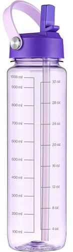GOPPUS 1000ml/32oz Clear Water Bottle with Straw, Tritan Leakproof Sports Drinking Bottle, BPA Free Wide Mouth Gym Bottle with Handle and Measurement Marks for School, Gym, Travel (Purple)