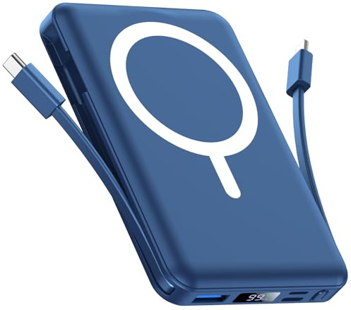 Vexnara for Magsafe Power Bank, 10000mAh Magnetic Portable Charger,15W Wireless Battery Pack with Built in Cables Fast Charging LED Display for iPhone 17/16/15/14/13/12/Plus/Pro/Pro Max(Blue)