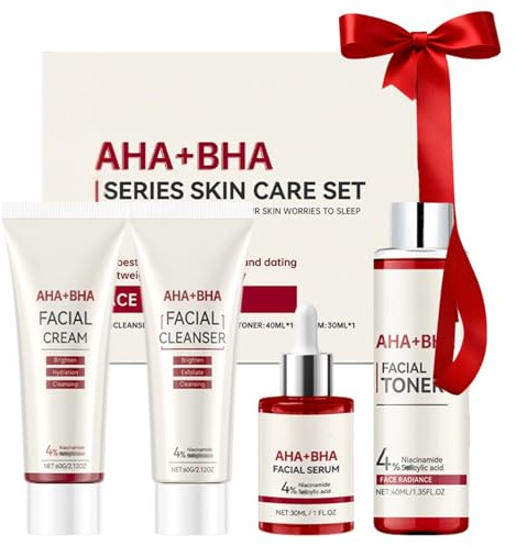 4PCS AHA+BHA Skincare Set for Acne-Prone Skin–AHA+BHA Gift Sets for Women,Gifts for Teenage Girls,Facial Kit with Facial Toner,Cleanser,Cream and Serum,Travel-Friendly Daily Routine