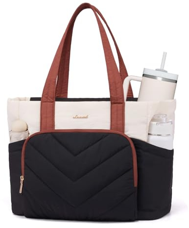 LOVEVOOK Shopper Tasche Handtasche Damen Groß, Leicht Puffer Arbeitstasche mit großem Wasserflaschenfach, 17,3 Zoll Laptoptasche Tote Bag Lehrertasch Handbags Women für Uni Schule, Schwarz Beige Braun
