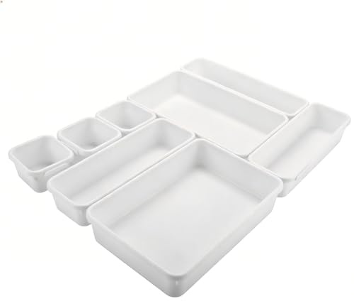toijnhtk Drawer Organiser 8Pcs Interlocking Plastic Storage Trays, 3 Sizes Drawer Dividers Tidy Trays, White For Kitchen Office Desk Makeup Bathroom Jewellery Stationery