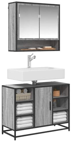 Générique Mobile lavabo Bagno Sonoma Grigio, armadio lavabo in legno di ingegneria con telaio in metallo industriale, ampio spazio e piano forato per lavello, design retrò elegante stabile