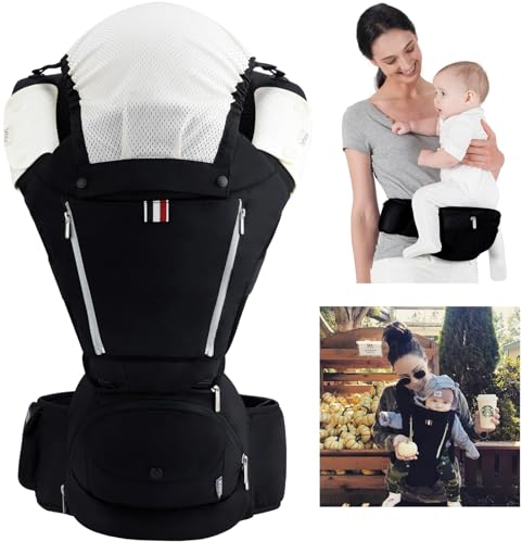 Bebamour 6 in 1 Babytrage Hüftsitz - Rucksack für 0-36 Monate Mit 3PCS Baby Drool Lätzchen, Cabrio Babytrage (Black)