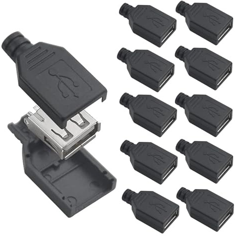 Oiyagai 10 Pezzi Connettore USB 2.0 Tipo A Femmina 4 Pin con Guscio in Plastica – Presa USB per Saldatura DIY Riparazione Cavo e Progetti Elettronici