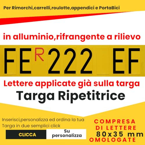 Targa Ripetitrice REQUISITI PRA in Alluminio per Rimorchi,Roulotte e Carrelli caratteri omologati Lettere e Numeri R rossa inclusa