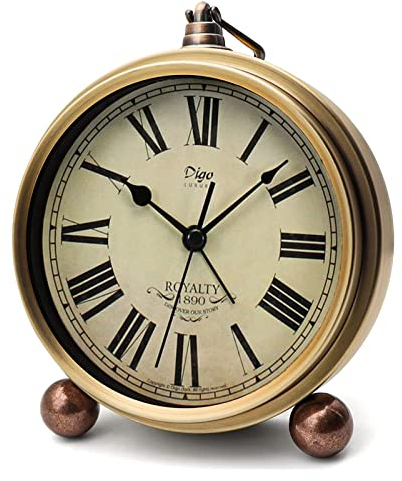 Attoe - Horloge de table dorée - 14,7 cm - Style européen - Vintage - Silencieuse - Mouvement à quartz - Fonctionne avec piles - Lentille en verre HD - Facile à lire (Rom)