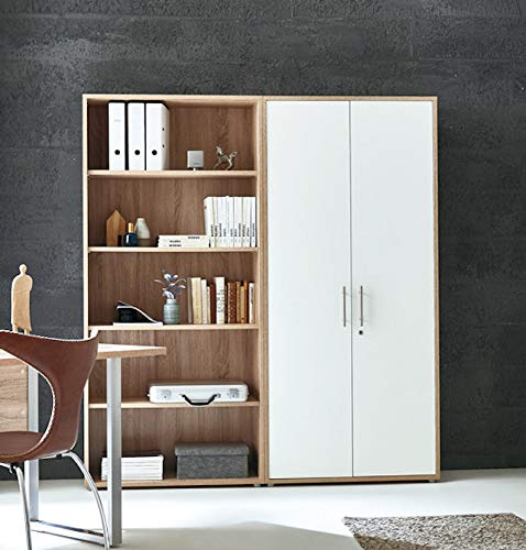 Schrankwand TABOR 1 hoch Aktenschrank abschließbar Büroschrank Regal in 5 Farben (Sonoma Eiche/weiß matt)