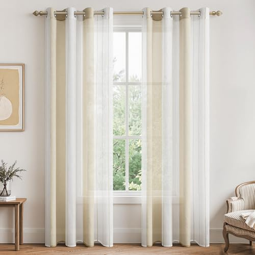 MRTRESS Voile Curtain 88 tum Drop 2 paneler Samtida Dekorativ Ögon Korta Rena Gardiner Panel Par för Vardagsrum för Sovrum Altandörr 140cm x 225cm Randig Design Vit och Beige