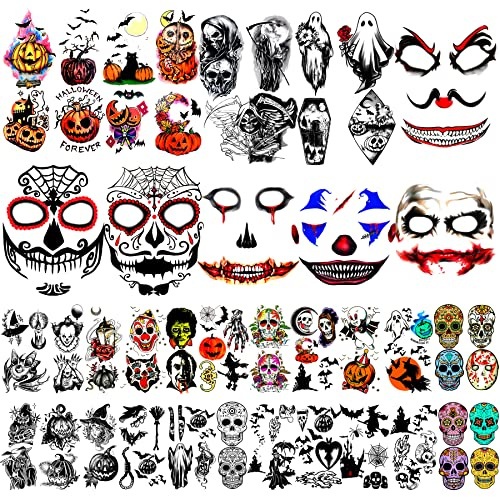 Yazhiji 42 Sheets Halloween Temporäres Tattoo Familienset für Frauen Männer Jungen und Mädchen,Halloween Zombie Make-up Kit, Narbe Wasserdichte Tattoos für Partys