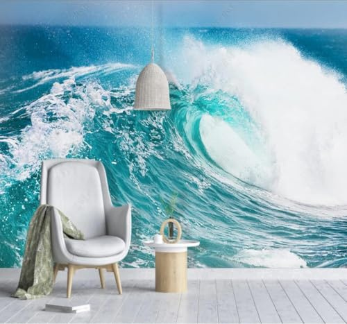 Art Wallpaper Sfumature di Blu e Bianco Onde Del Mare Paesaggi Naturali 3D Carta da Parati Tessuto in Seta Ufficio Sala Pranzo Divano Camera Soggiorno TV Sfondo Muro-300cm×210cm
