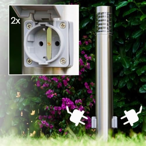 HOFSTEIN Außenleuchte Dakar, Außenwegeleuchte mit 2 Steckdosen aus Metall/Kunststoff in Edelstahl/Klar, moderne Wegeleuchte für Garten, Außenbereich, Hof, Terrasse, 80 cm, E27, IP44