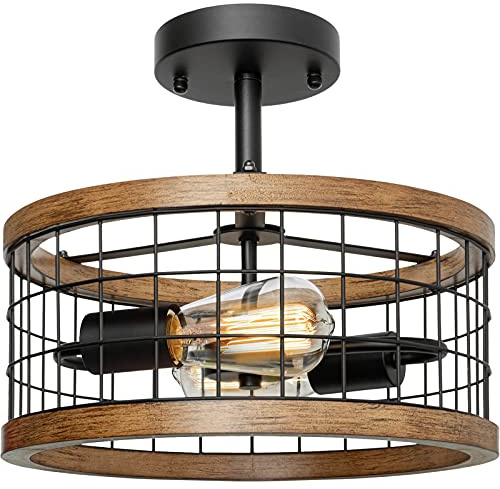 2-Light Farmhouse Semi Flush Mount Ceiling Light Fixture, Rustic Drum Wood Ceiling Lamp for Hallway Kitchen Entryway Foyer Bedroom Laundry Room, Nature Wood Texture and Black Metal Fence Finish