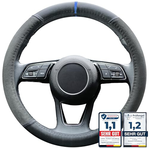 S-TETIC® Premium Lenkradbezug aus Alcantara + Nappaleder | Blaue 12-Uhr Markierung | Universalgröße 36-38 cm | Lenkradcover | Sommer und Winter