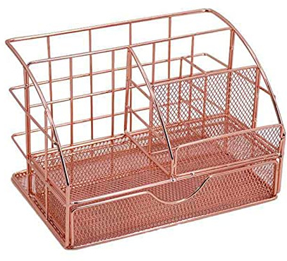 WANGCL Schreibtisch-Organizer aus rotgoldenem Netzstoff, Stiftehalter mit Schublade, multifunktionaler Metall-Schreibtisch-Organizer, zum Aufbewahren von Make-up und Pinseln, mit Handyhalterung