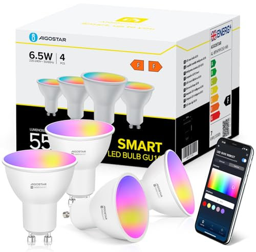 Aigostar Ampoule Connectée Alexa GU10 7W 555LM Ampoule Connectée WiFi LED RGB/2700K-6500K, Compatible avec Alexa/Google Home, App Contrôle, Pas Besoin de Hub, 4 Unités