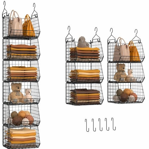 6 Tier Closet Hanging Organizer, Clothes Hanging Shelves with 4 Hanging Hooks 5 S Hooks, Wire Storage Basket Bins, for Clothing Sweaters Shoes Handbags Clutches Accessories Patent Design-Black