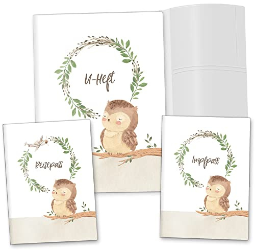 OLGS U-Hefthülle Komplett-Set 3-teilig mit Impfpasshülle & Reisepasshülle | Organizer für Untersuchungsheft, Impfpass, Reiseunterlagen für Babys und Kinder (Ohne Personalisierung, Eule)