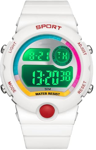 findtime Kinder-Armbanduhr, Jungen, digital, Sport, Multifunktionsuhr, wasserdicht, Chronograph für den Außenbereich, mit LED-Licht, Alarm, als Geschenk, Weiß, Riemen