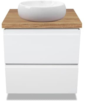 VBChome Badmöbel 50 cm Weiß Linda Mini Aufsatzwaschbecken ohne Hahnloch 40x30 cm Klein Aufsatzwaschtisch mit Waschbeckenunterschrank 2 Schubladen Moduo Badezimmerschrank Modern