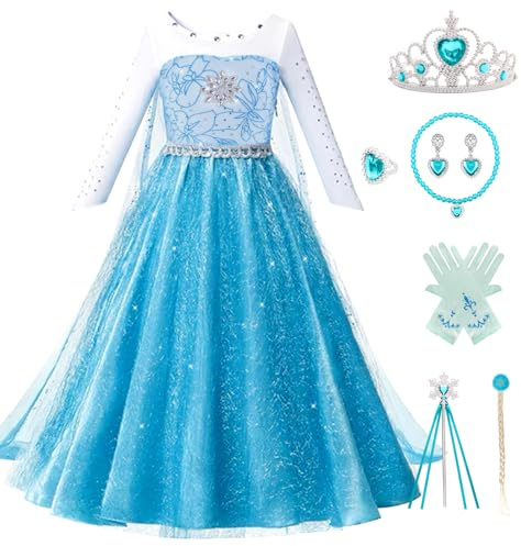 Kitimi Elsa Kleid Prinzessin Kostüm Mädchen Mit Krone Zauberstab Halsketten, Eiskönigin Abendkleid Lang für Weihnachten Cosplay Karneval Geburtstag Party