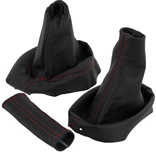 AERZETIX - C63399 - Faltenbalg für schalthebel und handbremse aus echtem leder - kompatibel mit Peugeot 308 I 2007-2013 - farbe: schwarz mit roten nähten - für manuelles getriebe