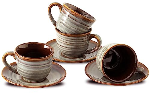 Hasense Espresso Cups with Saucers, 4 oz Small Ceramic Espresso Coffee Mugs Set of 4, Cute Cappuccino Cup Set, Demitasse Cups Perfect for Espresso Shots, Cappuccino, Tea-Grey Brown